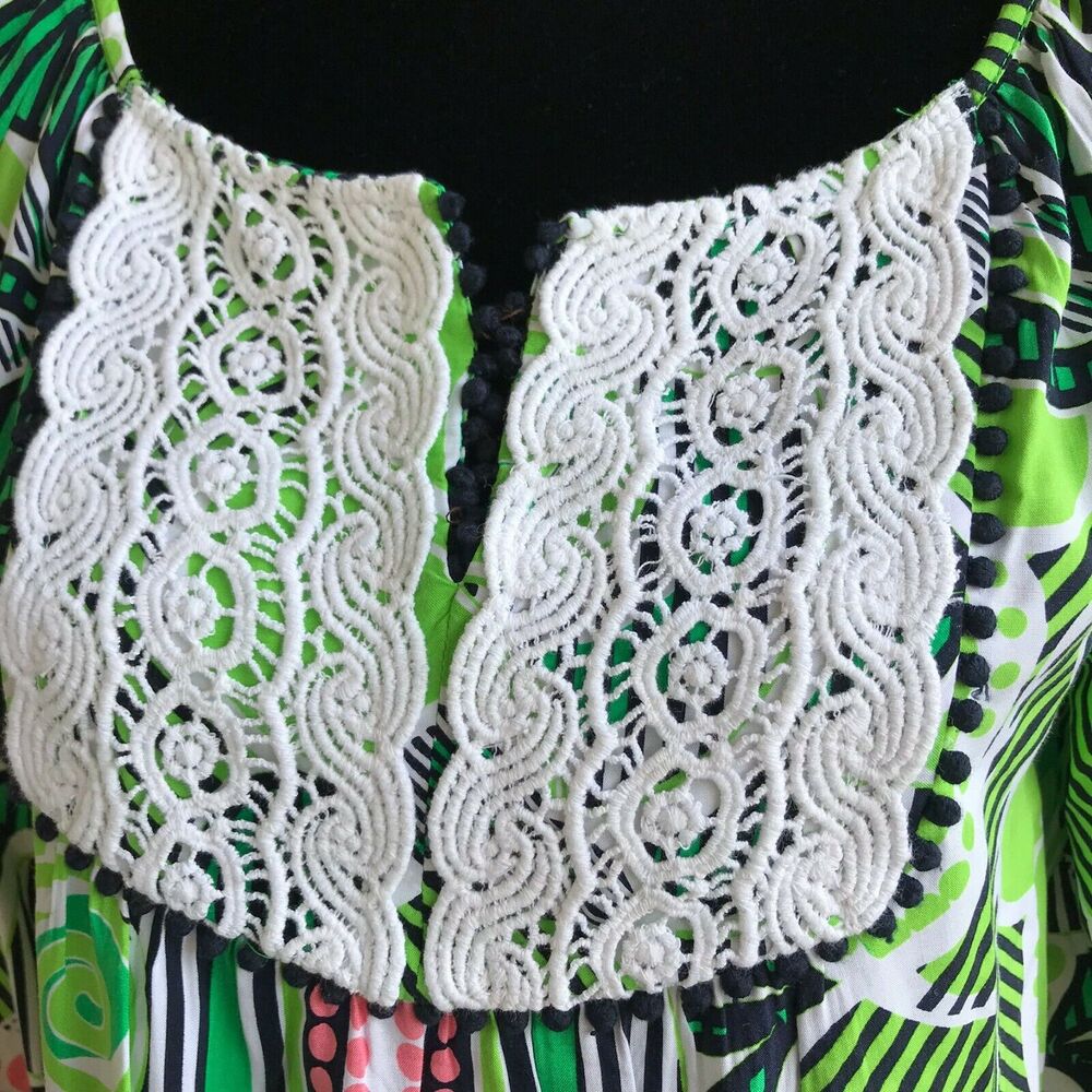 crown & ivy Womens Blouse Size Small Pink Navy Green White Lace Peasant Preppy - Picture 5 of 10